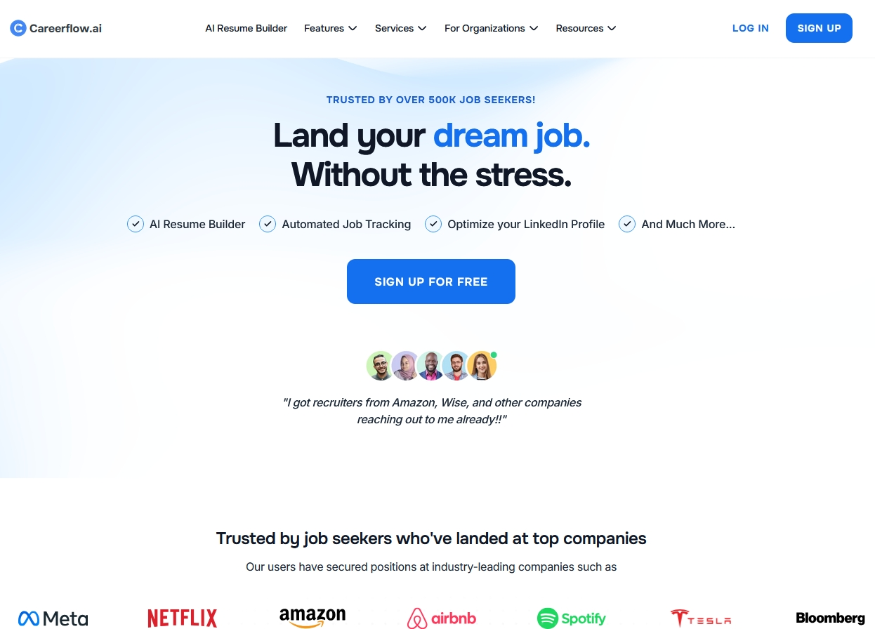 Careerflow AI job search tools dashboard showing resume optimization and job tracker